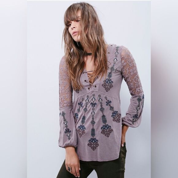 Free People Tunic Women's Small S Charlie Embroidered Lace Embelished Bohemian - Picture 1 of 13